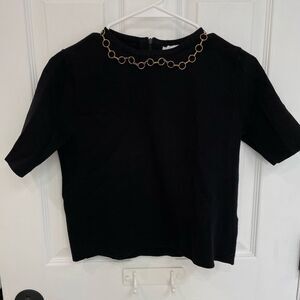 ZARA Knit Black Cropped Short Sleeve Chain Detail Collar Top Women’s Size S